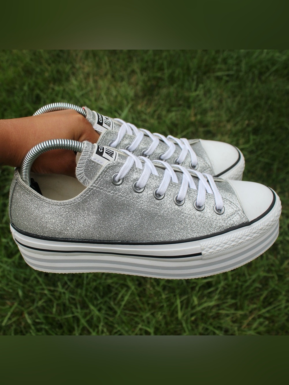 Converse Chuck Taylor All Star Silver Glitter Platform Sneakers Sz 9